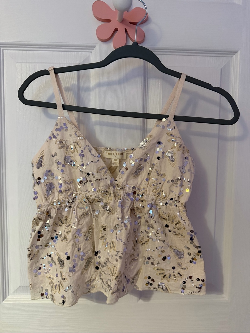 Embellished Cream Sequin Spaghetti Strap Tank Top